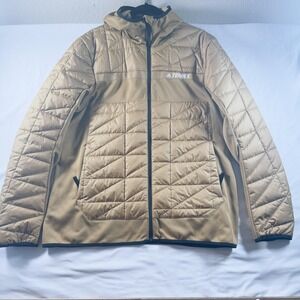 Adidas Terrex Jacket Men XL Gold Quilted Hooded Full Zip Primegreen Outdoor Camp